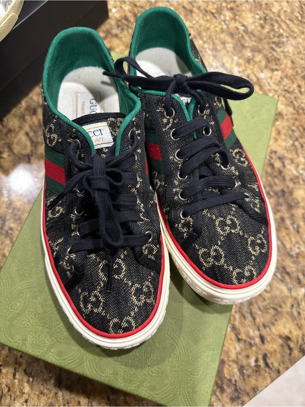 Gucci Black GG Canvas Sneakers with Red & Green Stripe